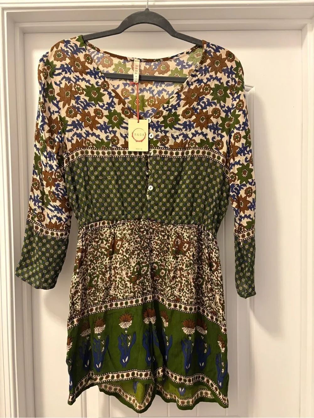 RAGA Anthropologie Olive Green & Brown Floral Bohemian Romper Size Small